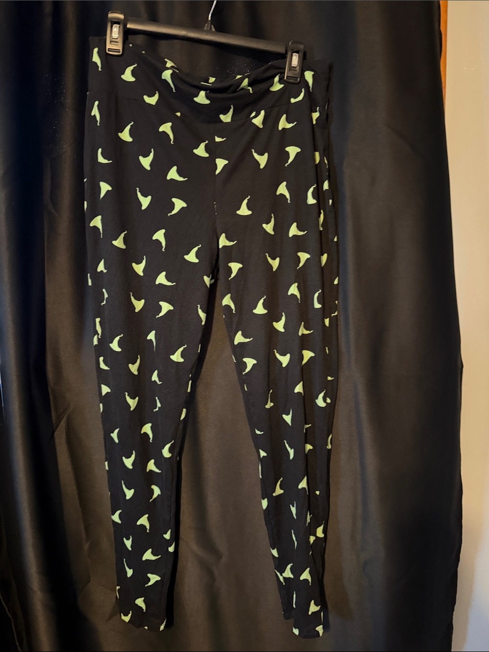 Black Leggings with Lime Witch Hat Print women